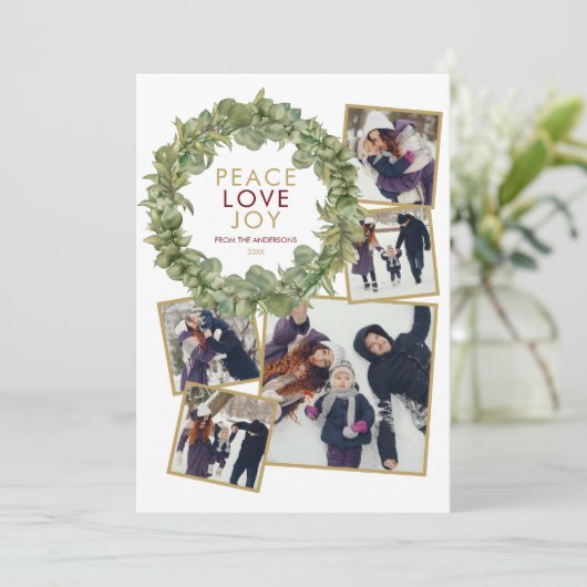 ピース ラブ ジョイ 5 フォト グリーン リース クリスマスカード (スタンド正面)