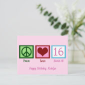 ピース ラブ スウィート16 プレティー ピンク 16歳の誕生日 ポストカード (スタンド正面)