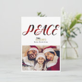 ピース 赤いチェックのクリスマス ホリデー 写真入りグリーティングカード 招待状 (スタンド正面)