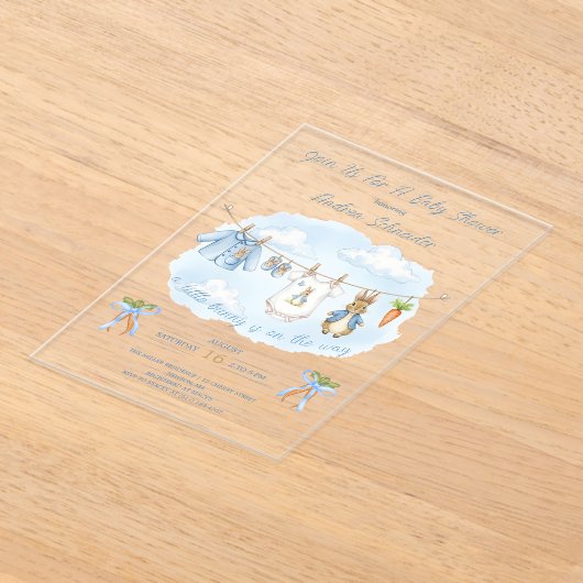 ピーターうさぎのキュートな衣類ラインのベビーシャワー アクリル招待状 (レイダウン)