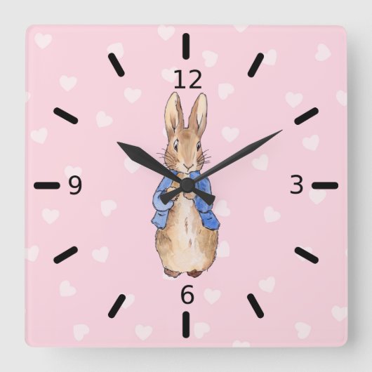 ピーターうさぎのハート柄 スクエア壁時計 (正面)