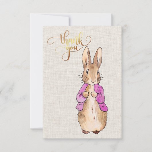 ピーターうさぎのピンクのジャケット　ベージュのリネン質感 サンキューカード (正面)