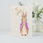 ピーターうさぎのピンクのジャケット　ベージュのリネン質感 サンキューカード (スタンド正面)