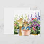 ピーターうさぎの植木鉢での1歳の誕生日 招待状 (正面/裏面)