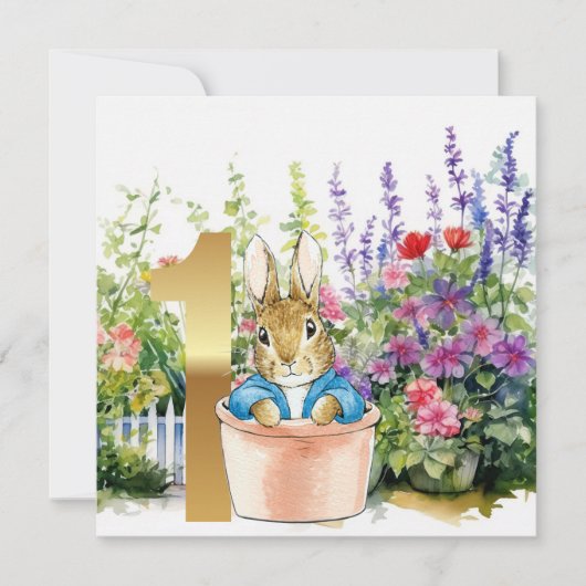 ピーターうさぎの植木鉢での1歳の誕生日 招待状 (正面)