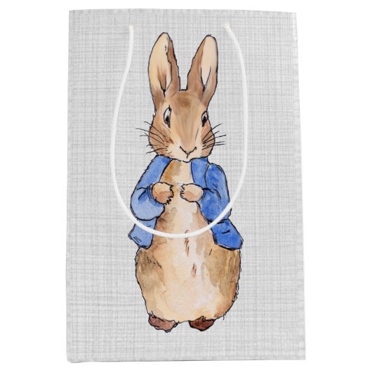 ピーターうさぎの灰色の亜麻布の背景 ミディアムペーパーバッグ (正面)