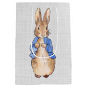 ピーターうさぎの灰色の亜麻布の背景 ミディアムペーパーバッグ (裏面)