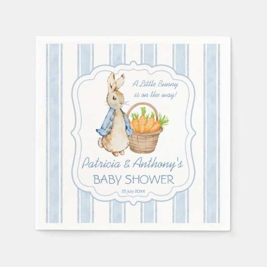 ピーターうさぎダスティストライプブルー赤ちゃんカスタムシャワー スタンダードカクテルナプキン (正面)