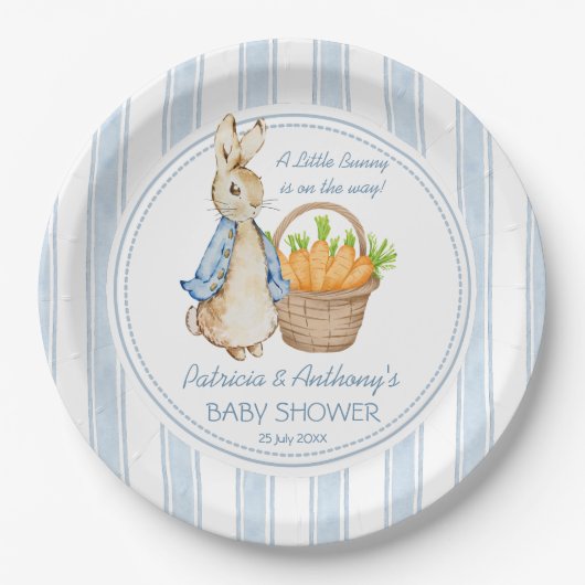 ピーターうさぎダスティストライプブルー赤ちゃんカスタムシャワー ペーパープレート (正面)