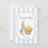 ピーターうさぎダスティ青いストライプの男の子シャワー サンキューカード (正面)