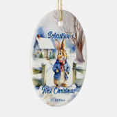 ピーターうさぎヴィンテージ水色クリスマスフォト セラミックオーナメント (右)