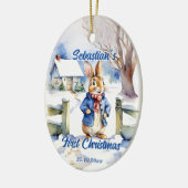 ピーターうさぎヴィンテージ水色クリスマスフォト セラミックオーナメント (左)
