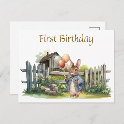 ピーターうさぎ風船の1歳の誕生日 ポストカード (正面/裏面)