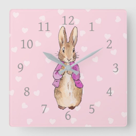 ピーターうさぎ ハート柄 スクエア壁時計 (正面)