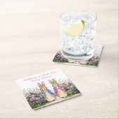 ピーターとフロッピーベイビーシャワーを名前でパーソナライズ スクエアペーパーコースター (インサイチュ)