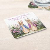 ピーターとフロッピーベイビーシャワーを名前でパーソナライズ スクエアペーパーコースター (アングル)