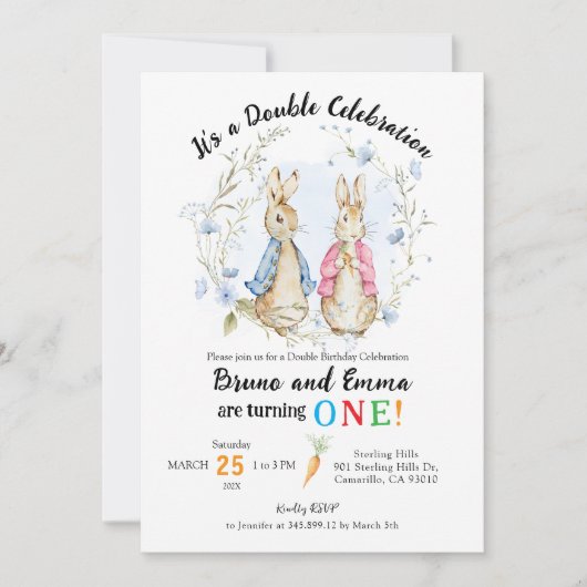 ピーターとフロプシー・ラビットの姉弟誕生日 招待状 (正面)