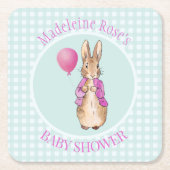 ピーターにウサギの赤ちゃんシャワーをパーソナライズ スクエアペーパーコースター (正面)