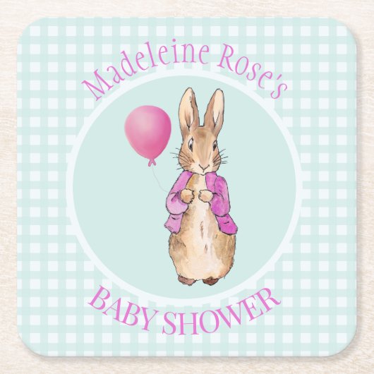 ピーターにウサギの赤ちゃんシャワーをパーソナライズ スクエアペーパーコースター (正面)