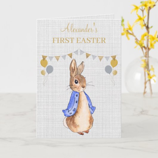 ピーターをパーソナライズウサギの最初のイースター挨拶 カード (黄色い花)