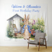 ピーターをパーソナライズウサギの最初の誕生日パーティー タペストリー (インサイチュ(横))