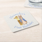 ピーターをパーソナライズウサギの最初の誕生日 スクエアペーパーコースター (アングル)