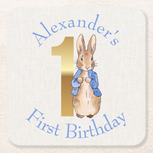 ピーターをパーソナライズウサギの最初の誕生日 スクエアペーパーコースター (正面)