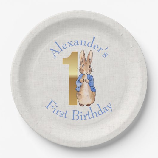 ピーターをパーソナライズウサギの最初の誕生日 ペーパープレート (正面)