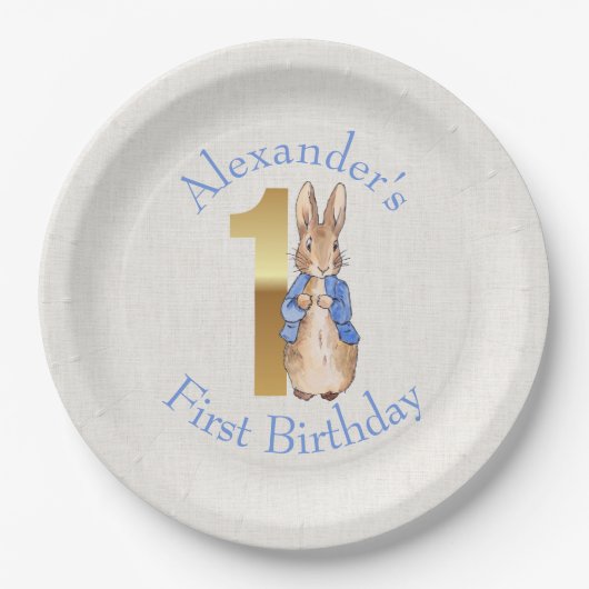 ピーターをパーソナライズウサギの最初の誕生日 ペーパープレート (正面)