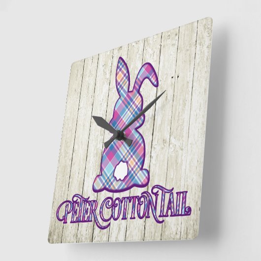 ピーターコットンテールパープルプリドイースターバニー スクエア壁時計 (傾斜)