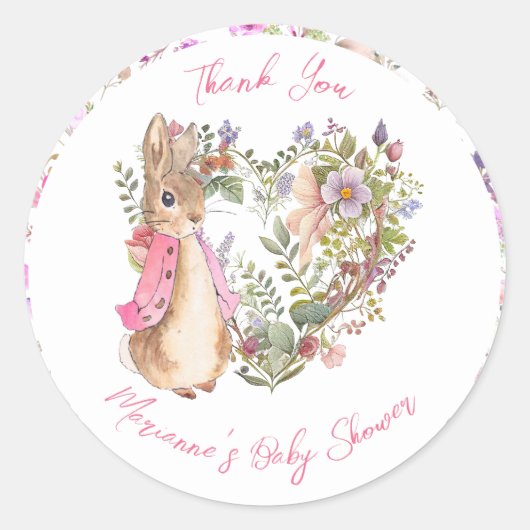 ピーターザラビットピンクフローラガールベビーシャワー ラウンドシール (正面)