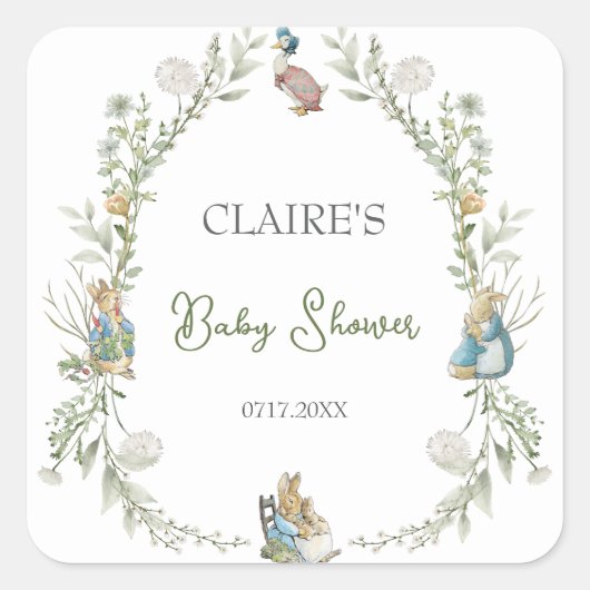 ピーターザラビットワイルドフラワーウォーターカラーベビーシャワー スクエアシール (正面)