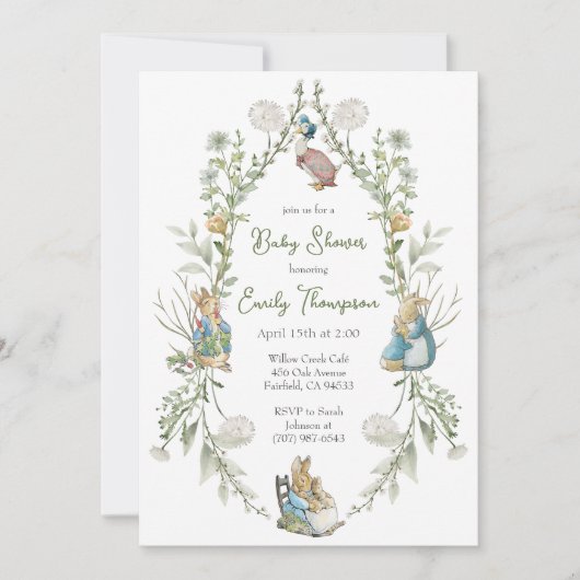ピーターザラビットワイルドフラワーウォーターカラーベビーシャワー 招待状 (正面)
