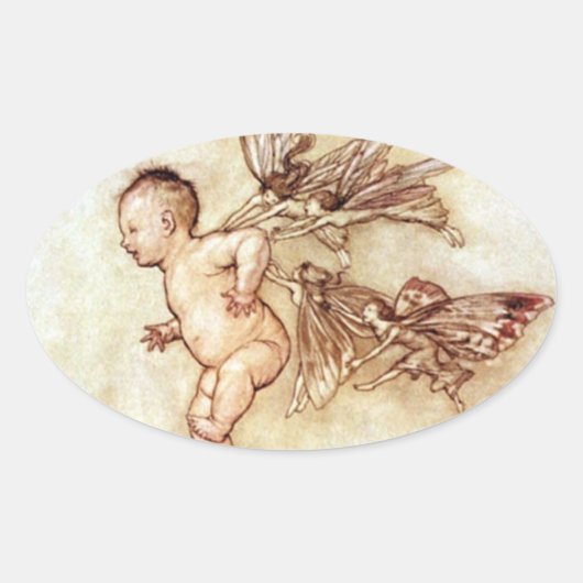 ピーターパン飛んでいるベビーと妖精ステッカー 楕円形シール (正面)