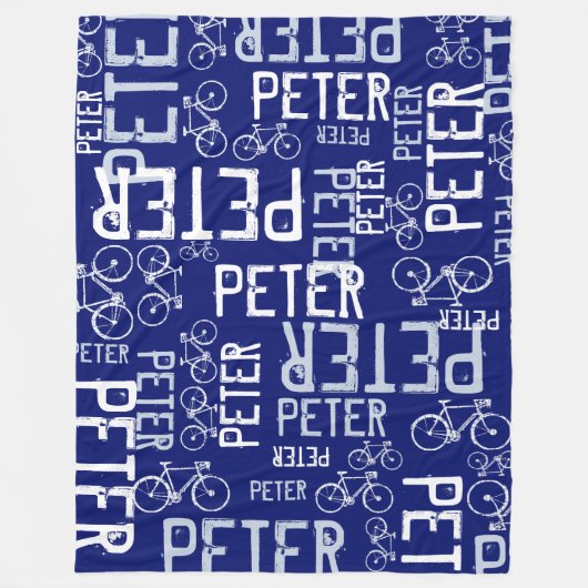 ピーターパーソナライズされたの名前とバイクのダークブルー フリースブランケット (正面)