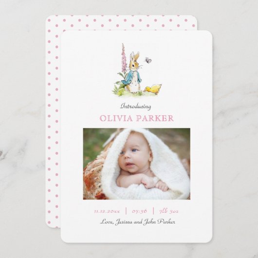 ピーターラビットベビーガール写真誕生のお知らせ 案内状 (正面/裏面)