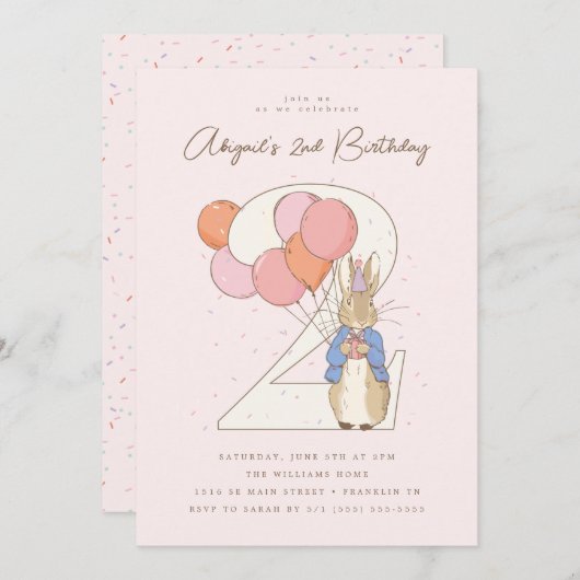 ピーターラビット2ndバースデーピンク紙吹雪 招待状 (正面/裏面)