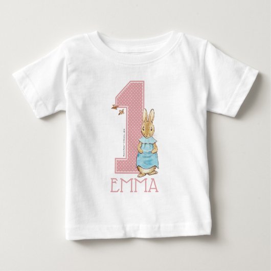 ピーターラビット | 赤ちゃんの女の子の1歳の誕生日 - 名前 ベビーTシャツ (正面)
