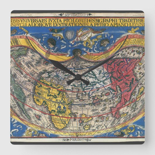 ピーター・アピアンによる古代ハート型世界地図 1520 スクエア壁時計 (正面)