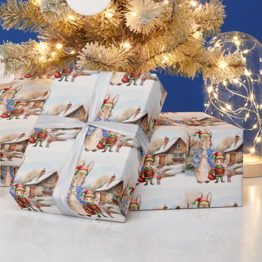 ピーター・ザ・ラビット小妖精や小人と雪の風景 ラッピングペーパー (クリスマス)