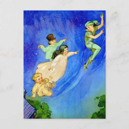 ピーター・パン、ウェンディ、ジョン、マイケル・フライ遠くに ポストカード (正面)