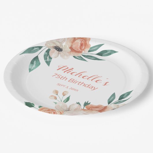 ピーチかわいらしクリームフローラ75th誕生日 ペーパープレート (アングル)