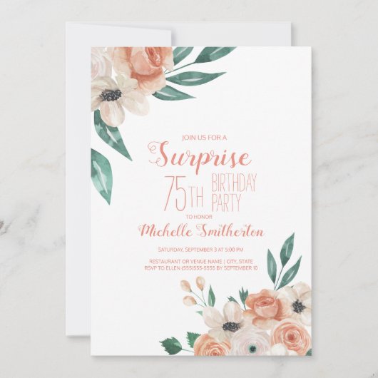 ピーチかわいらしクリームフローラ75th誕生日 招待状 (正面)