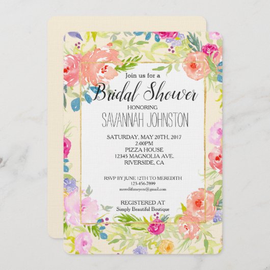 ピーチかわいらしピンクウォーターカラーフローラブライダルシャワー 招待状 (正面/裏面)