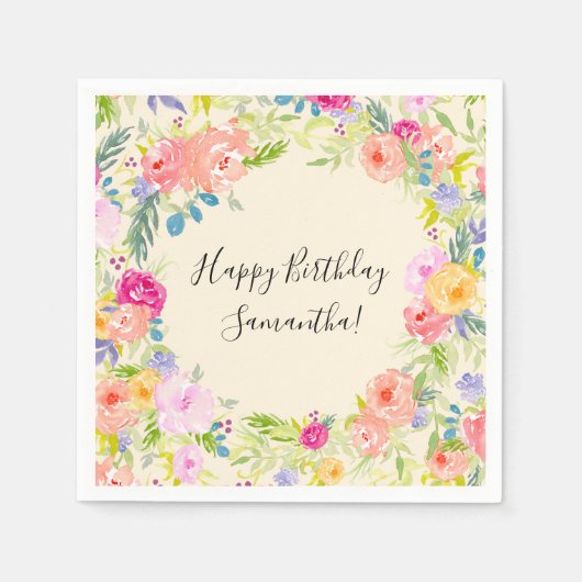 ピーチかわいらしピンクウォーターカラーフローラ誕生日 スタンダードカクテルナプキン (正面)