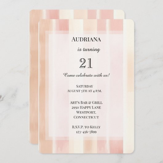 ピーチかわいらしピンククリームストライプ誕生日 招待状 (正面/裏面)