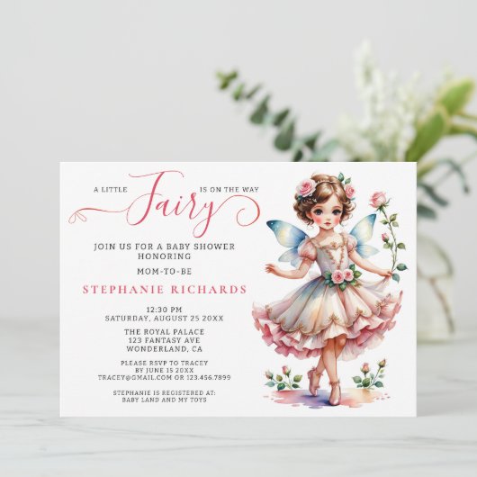 ピーチかわいらしピンクフラワーフェアリー赤ちゃんシャワーフローラ 招待状 (スタンド正面)