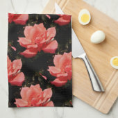ピーチかわいらしピンクローズフローラ キッチンタオル (四つ折り)