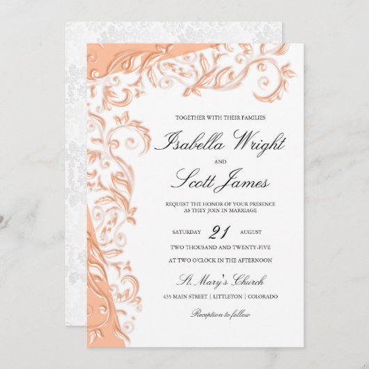 ピーチかわいらしフローラデザイン 招待状 (正面/裏面)