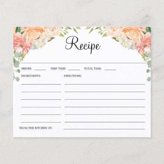 ピーチかわいらしフローラブライダルシャワーレシピカード (正面)